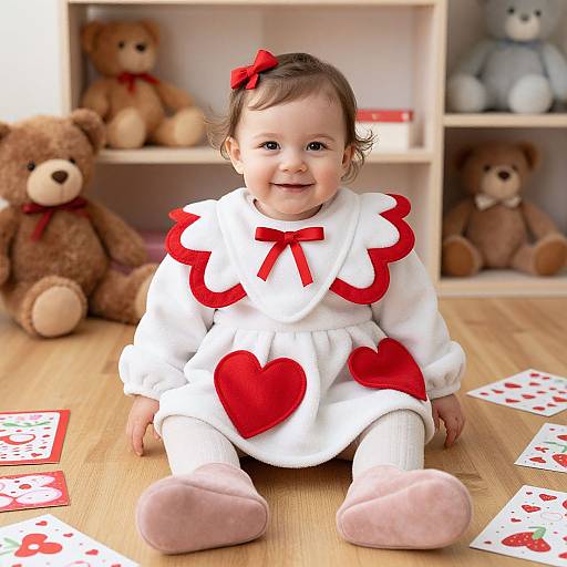 Photograph of a smiling baby girl with brown hair, wearing a white dress with red heart accents, pink socks, and a red bow, sitting on