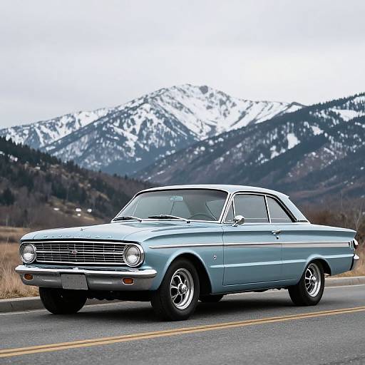 Photograph of a classic, light blue 1960s sedan with chrome accents driving on a mountain road, snowy peaks in the background.