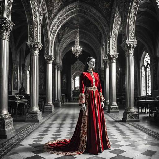 Woman in Ruby Red Medieval Robe in Grand Hall