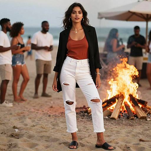 Athletic Woman at Beach Bonfire