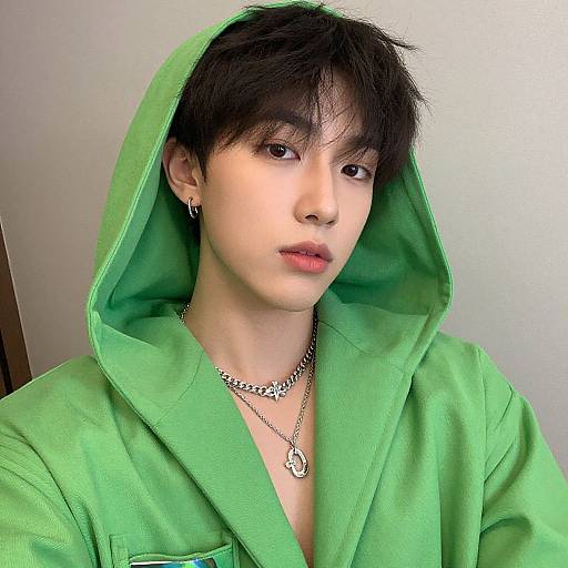 Photograph of an Asian man with pale skin, black hair, and red lipstick, wearing a green hoodie, silver chain necklaces, and earrings,