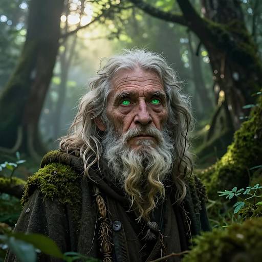 Photorealistic CGI image of an ancient, grey-bearded man with glowing green eyes, wearing a moss-covered cloak, standing in a misty forest