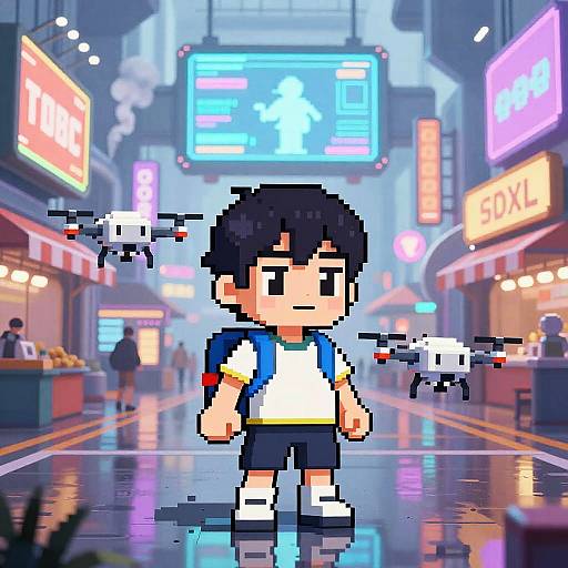 Pixel Anime Nano-Kid in Spaceport