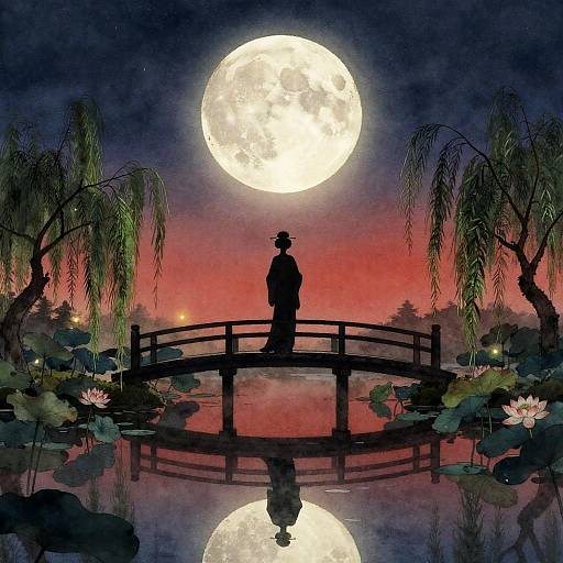 Silhouetted figure on wooden bridge, moonlit red sky, full moon, lily pads, and weeping willow trees, reflective water