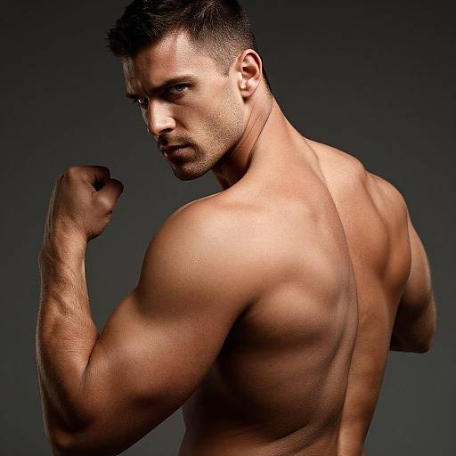 Photograph of a muscular, shirtless man with short dark hair, flexing his right bicep, looking over his shoulder against a dark gradient