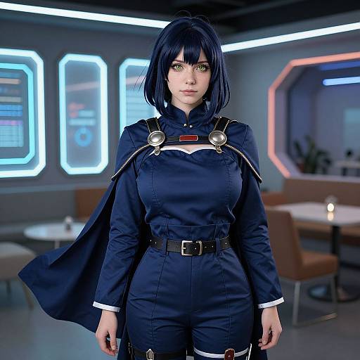 Photorealistic CGI of a stern-looking, blue-haired woman in a navy jumpsuit with a cape, belt, and circular ornament, standing in a
