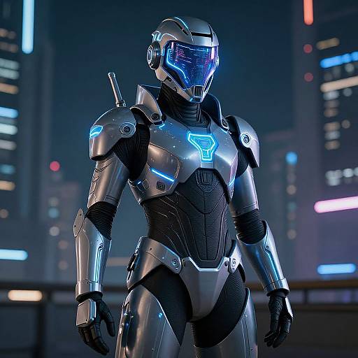 CGI image of a futuristic, armored, blue-glowing cyber soldier in a neon-lit cityscape, standing confidently with a high-tech helmet