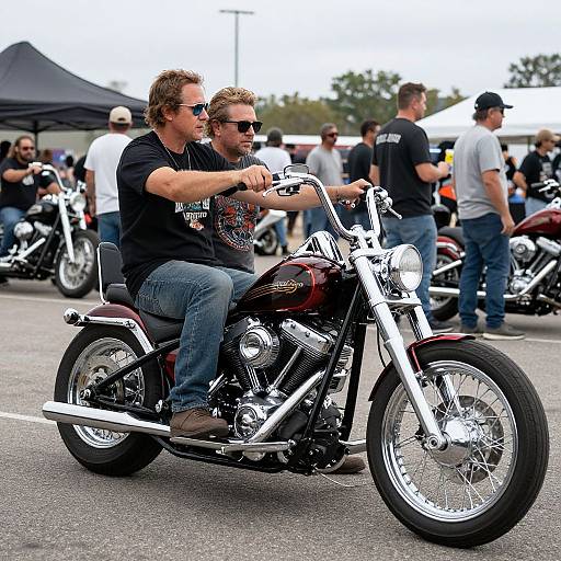 Photograph of two men in black shirts and sunglasses riding a maroon Harley-Davidson motorcycle at an outdoor motorcycle event. Background shows other motorcycles and