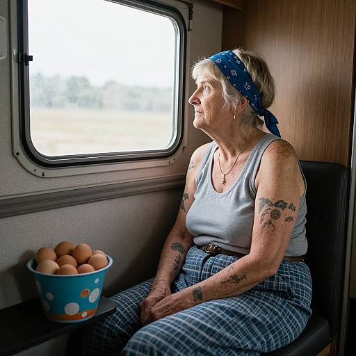 Photograph of an elderly woman with tattoos, wearing a blue bandana and plaid pants, sitting in a train compartment, gazing out the window