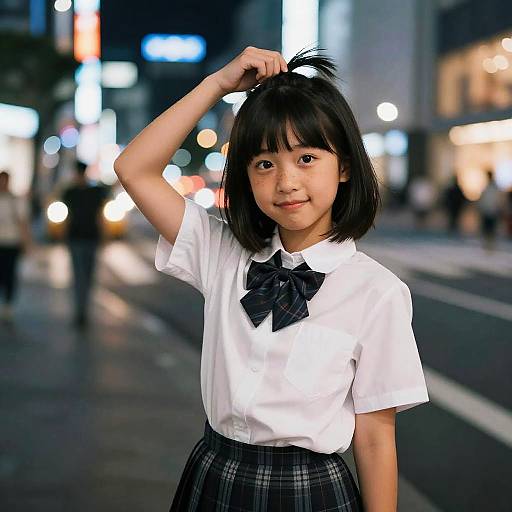 Photograph of an Asian girl in a white school uniform with a black plaid bow, black plaid skirt, and short black hair, standing on