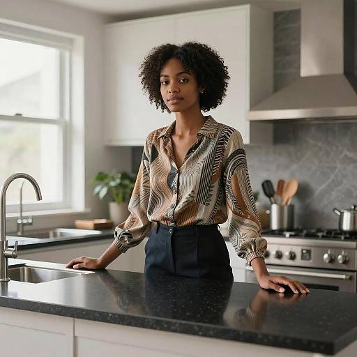 Photograph of an African-American woman with curly hair, wearing a striped blouse and black pants, standing in a modern kitchen with stainless steel appliances and a