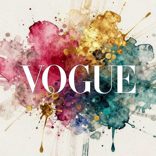Vogue logo in bold white letters, surrounded by vibrant watercolor splashes of red, pink, yellow, blue, and black. Abstract, dynamic
