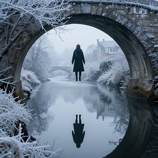Photograph of a solitary person in a long coat standing on a snow-covered bridge, reflected in a frozen river, surrounded by frosty trees.