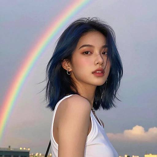Blue-Haired Girl at Rainbow Sunset