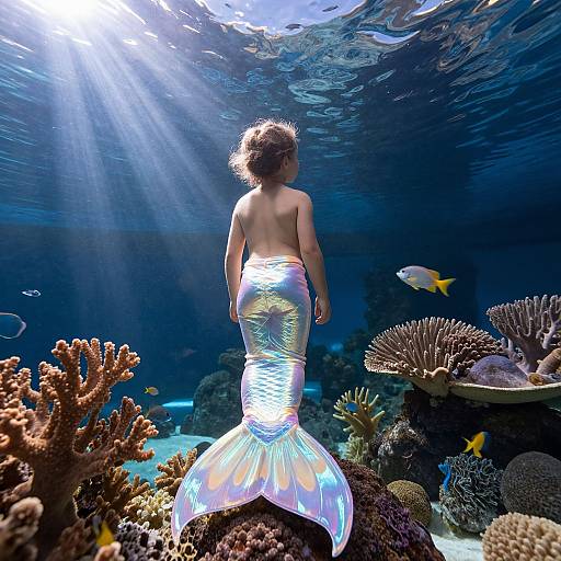 Photograph of a young girl with a shimmering mermaid tail, viewed from behind, swimming in a sunlit underwater coral reef.
