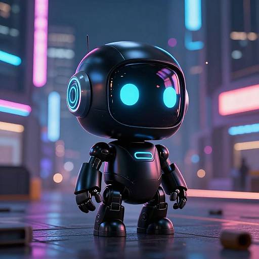 CGI image of a cute, black, spherical robot with glowing blue eyes standing in a neon-lit, futuristic city street at night.