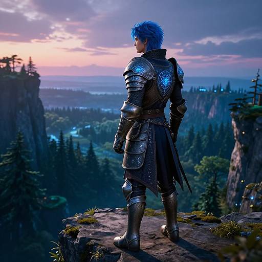 Digital art: Blue-haired knight in ornate silver armor stands on rocky cliff, overlooking a vast, twilight forest valley with distant mountains and a glowing castle