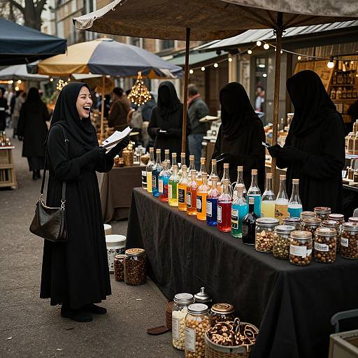 Photograph of three women in black hijabs laughing and browsing colorful glass bottles and jarred spices at an outdoor market stall.