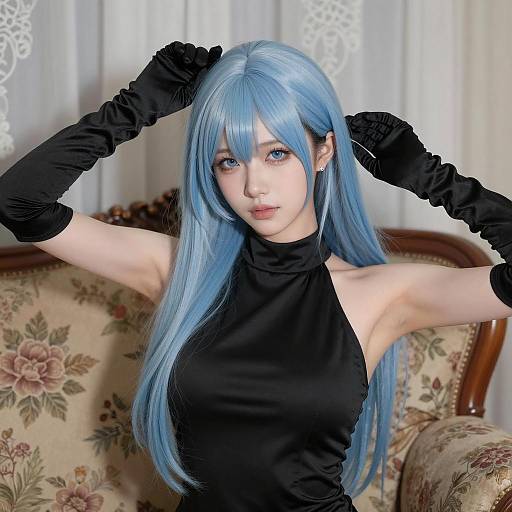 Asian Woman with Light Blue Hair in Black Dress