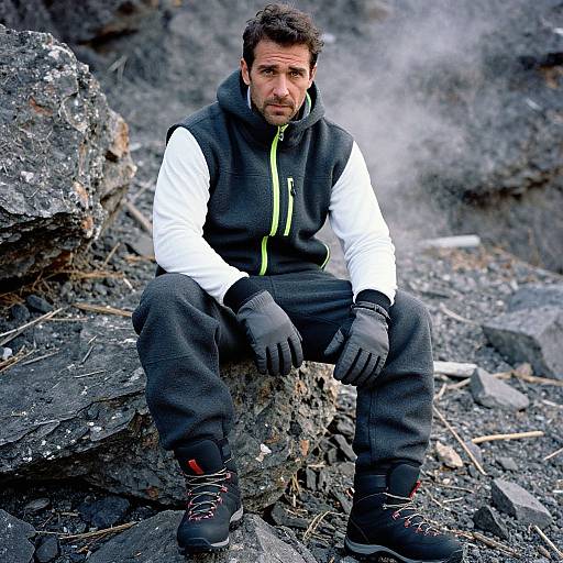 Photograph of a serious-looking man with short dark hair, wearing a black and white vest, gloves, and boots, sitting on rocky, smoky