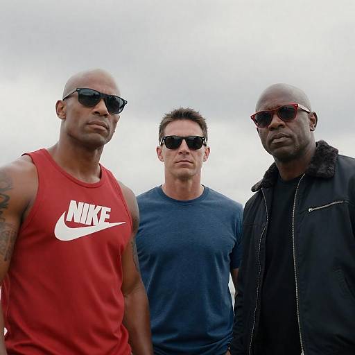 Three Men Posing Outdoors Under Clouds