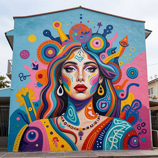 Vibrant street mural of a woman with colorful, swirling hair, bold red lips, and intricate, psychedelic patterns on a blue building.