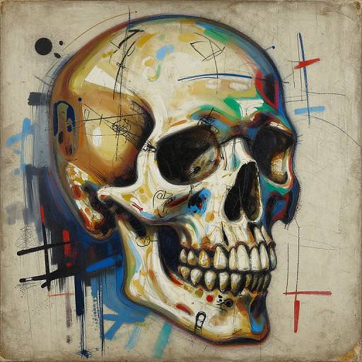Vivid, abstract digital painting of a human skull with colorful splashes, black eye sockets, and a wide grin, set against a textured, graffiti