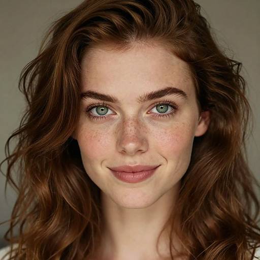 Photograph of a fair-skinned woman with green eyes, brown wavy hair, light freckles, and a subtle smile, against a neutral