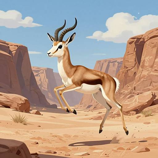 Digital illustration of a graceful gazelle with sleek brown and white fur, black horns, and alert eyes, leaping in a sunlit, rocky desert