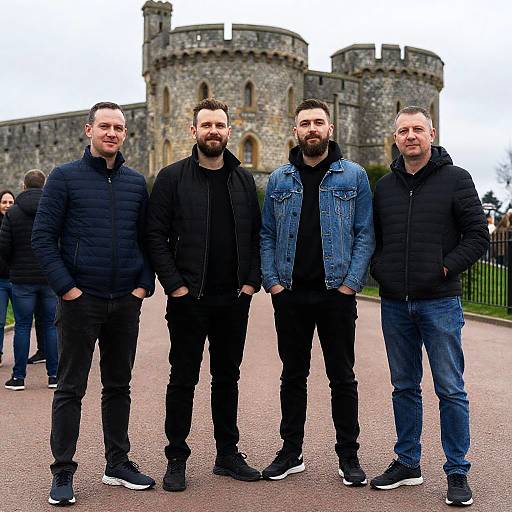 Four Men Posing in Front of Stone Castle