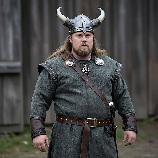 Photograph of a large, bearded man with long brown hair, wearing a Viking helmet with horns, dark green tunic, and brown belt,