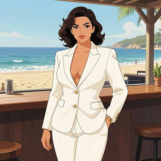 Digital illustration of a confident woman with wavy black hair, wearing a low-cut white suit, standing at a beachside bar.
