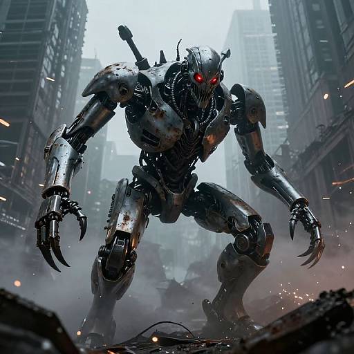 Menacing Robotic Creature in Ruins