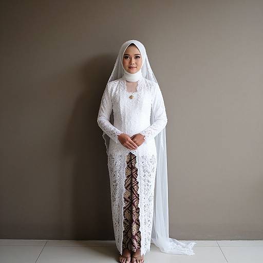Photograph of a young woman in a white lace hijab and long-sleeve dress with black lace pants, standing against a gray wall, hands