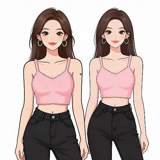 Digital anime-style illustration of two identical women with long brown hair, wearing pink fuzzy crop tops and black high-waisted jeans.