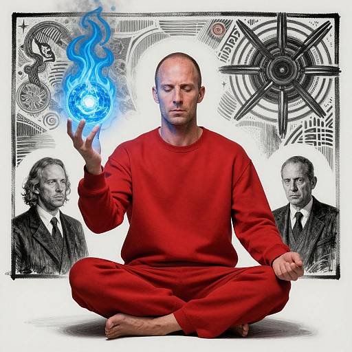 Photograph of bald man in red outfit, meditating, holding blue fireball, flanked by black-and-white portraits, futuristic geometric patterns.