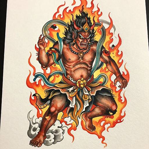Vibrant, detailed illustration of a fierce, muscular oni warrior with red skin, black hair, fiery background, and colorful, flame-like s