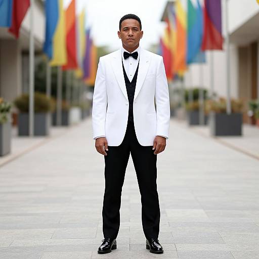 Photograph of a Black man in a white tuxedo with black bow tie and pants, standing confidently on a paved walkway with colorful flags blurred