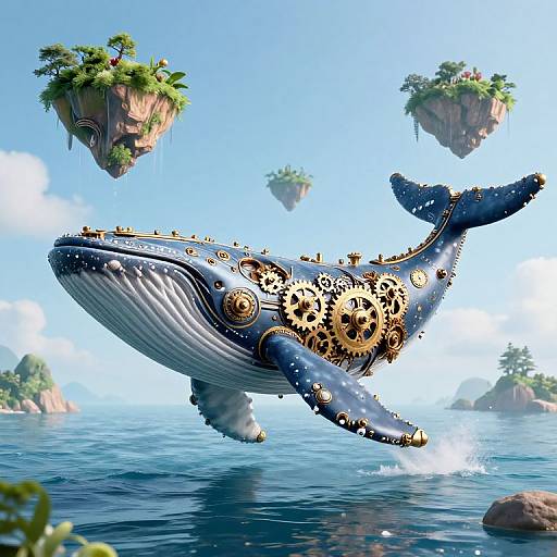 Digital art of a steampunk blue whale with gold gears, flying above a serene ocean with floating islands and lush greenery.