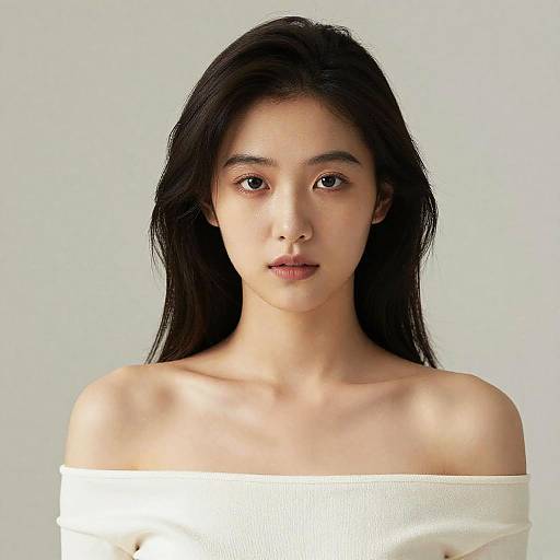Photograph of an Asian woman with long black hair, fair skin, and brown eyes, wearing an off-shoulder white top, against a plain