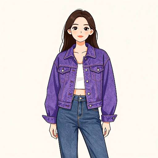 Digital drawing of a young woman with long brown hair, wearing a purple denim jacket, white crop top, and blue jeans, standing against a white background