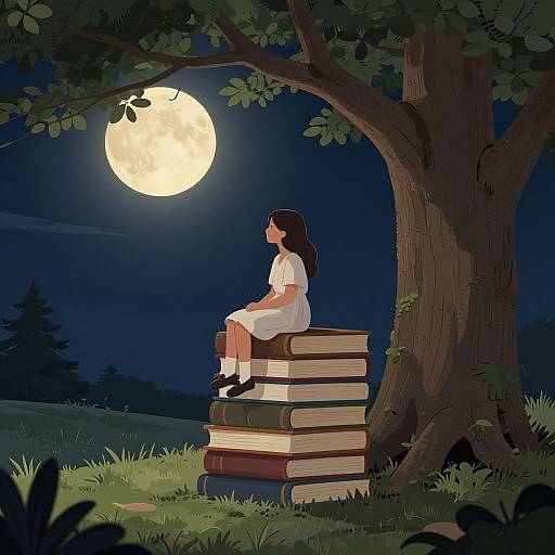 Digital illustration of a girl in a white dress sitting on stacked books under a full moon, beside a large tree.