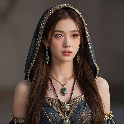 Digital portrait of an East Asian woman with long brown hair, wearing an ornate dark blue veil, gold-trimmed dress, and turquoise jewelry,