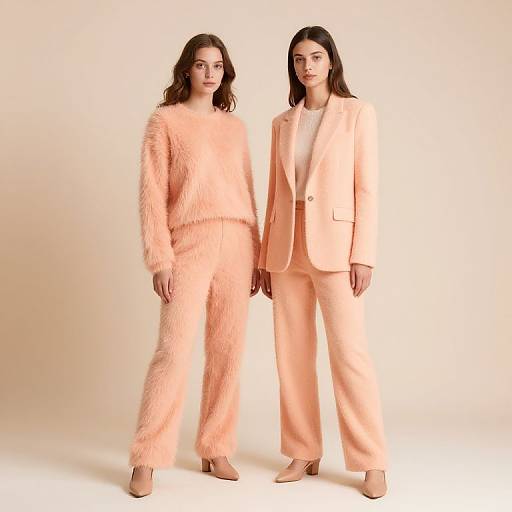 Photograph of two women standing side by side; left wears fluffy peach fur suit, right wears peach blazer and pants, both in beige heels,