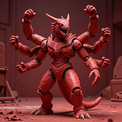 Digitally rendered, red, six-armed robotic monster with spiked armor, horns, and sharp teeth, standing in a dimly lit, red-h