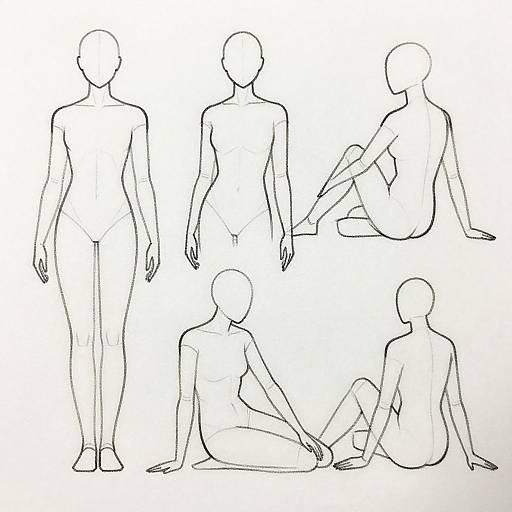 Black and white line drawing of five faceless, nude human figures in various seated and standing poses, showcasing different body angles.