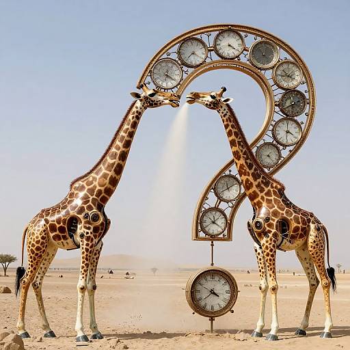 Photograph of two giraffes standing in a desert, touching noses under a large, clock-shaped sculpture with multiple clocks. Clear blue sky and sandy