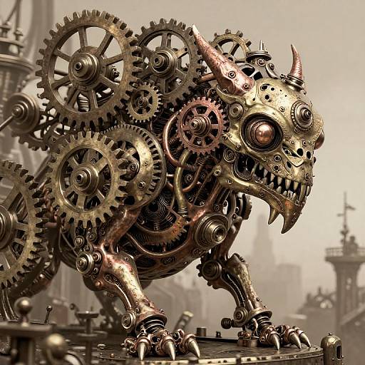 Steampunk mechanical lion with brass gears, cogs, and horns, standing on a metal platform, in a foggy industrial background. Digital artwork