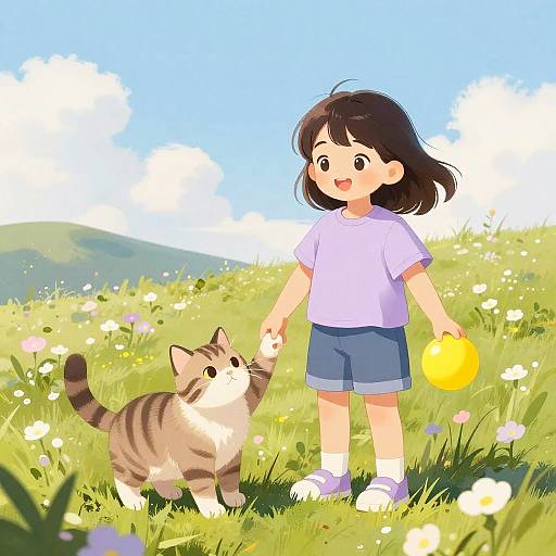 Girl and Tabby Cat in Spring Meadow