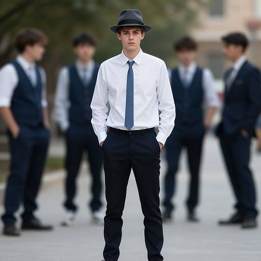 Photograph of a young boy in white shirt, blue tie, black pants, and black bowler hat, standing confidently in front of five blurred,